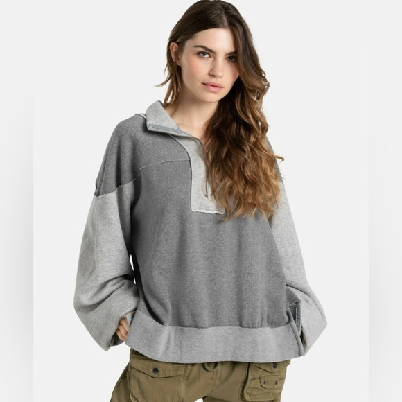 We The Free Tops - Free People We The Free Kassey Oversized 1/2 Zip Mock Neck Sweatshirt L Gray